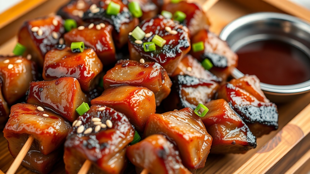 Grilled Beef Yakitori Skewers Recipe Grilled beef yakitori skewers with sesame seeds and green onions on a wooden platter.